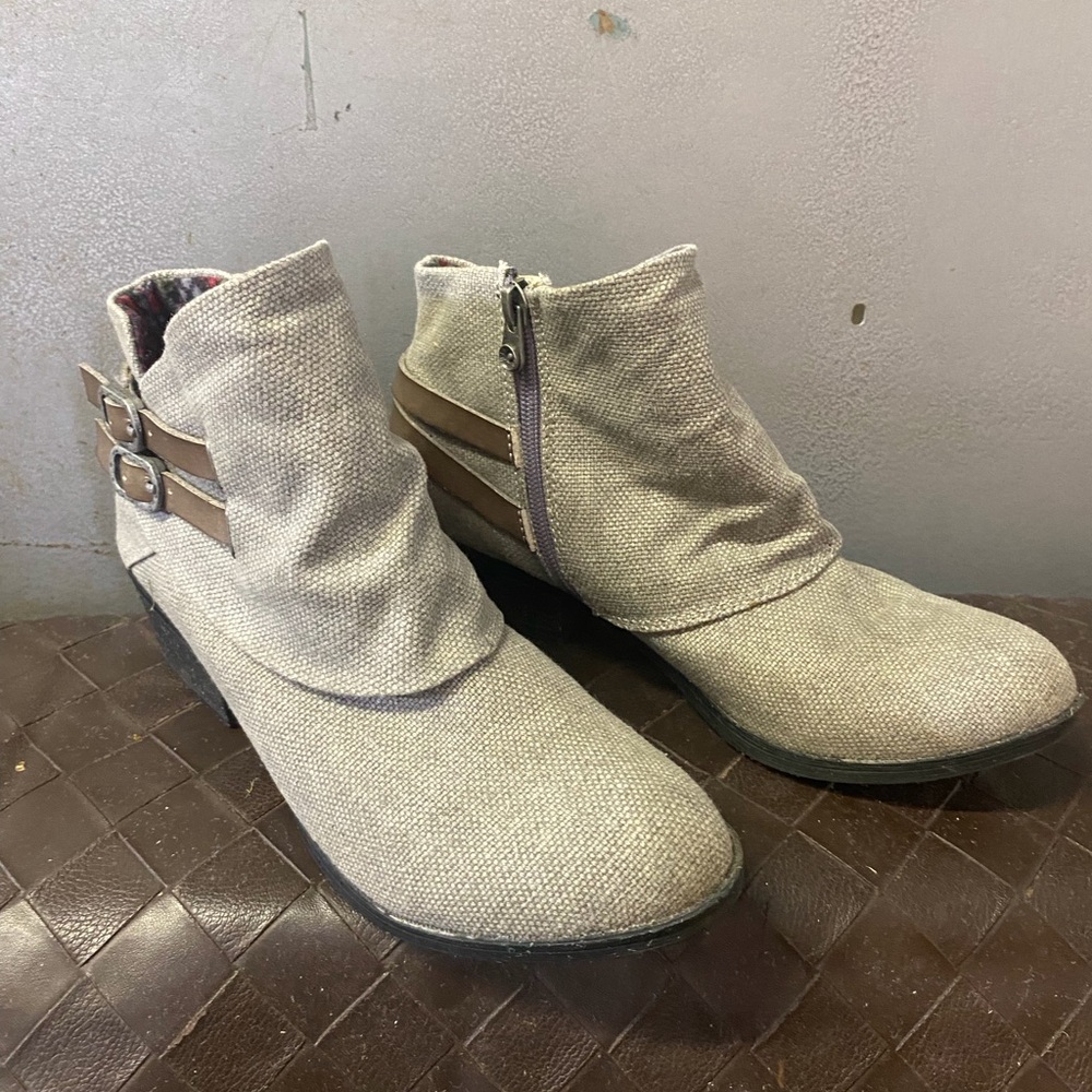 Women's Beige Canvas Ankle Boots with Side Buckles